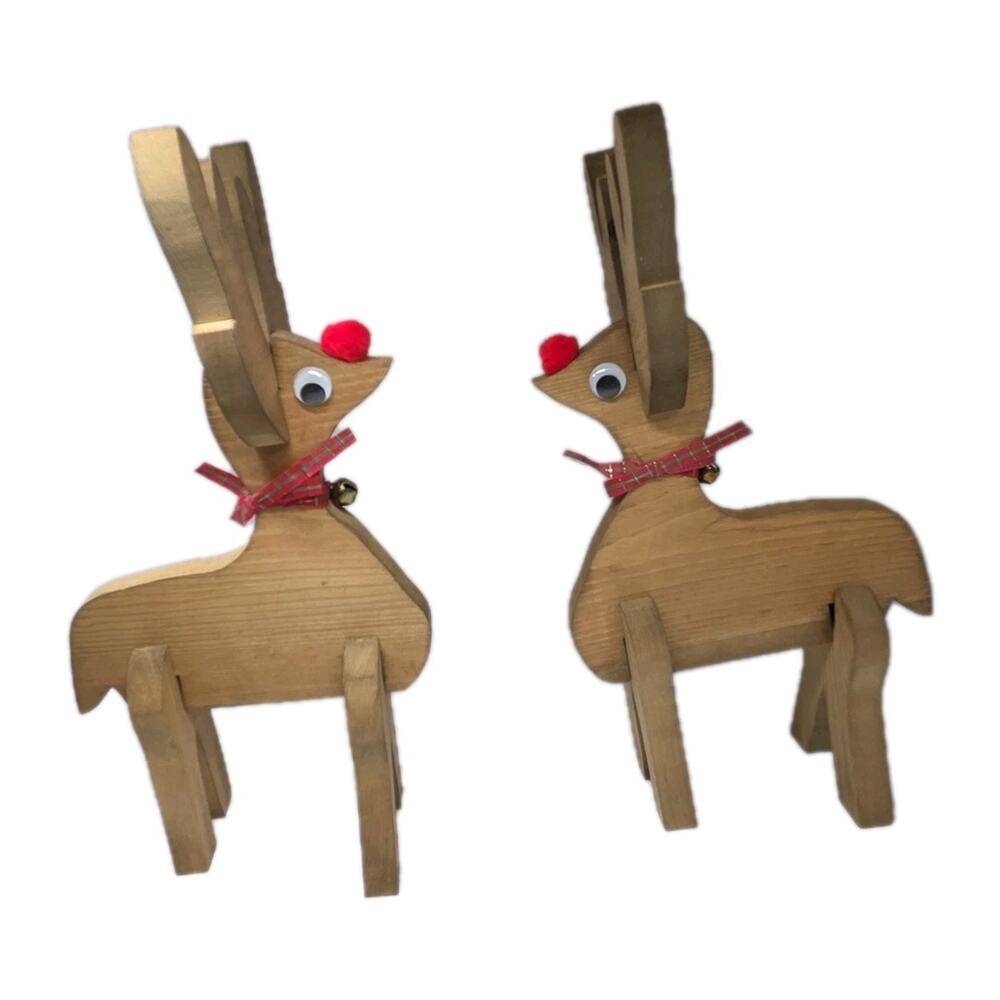 Handmade Wood Standing Reindeer Christmas Decor Rudolph Handcrafted Set of 2